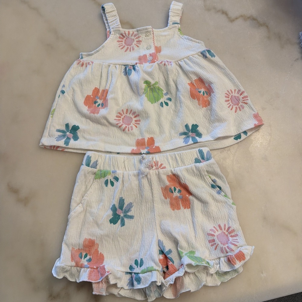 Carters Toddler Girl 2-piece Tank Top & Shorts Set Size 5t Floral White Ruffles